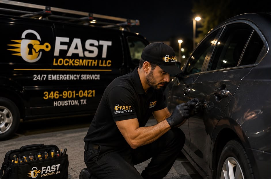 Fast Locksmith technician unlocking a car in Houston Texas at night