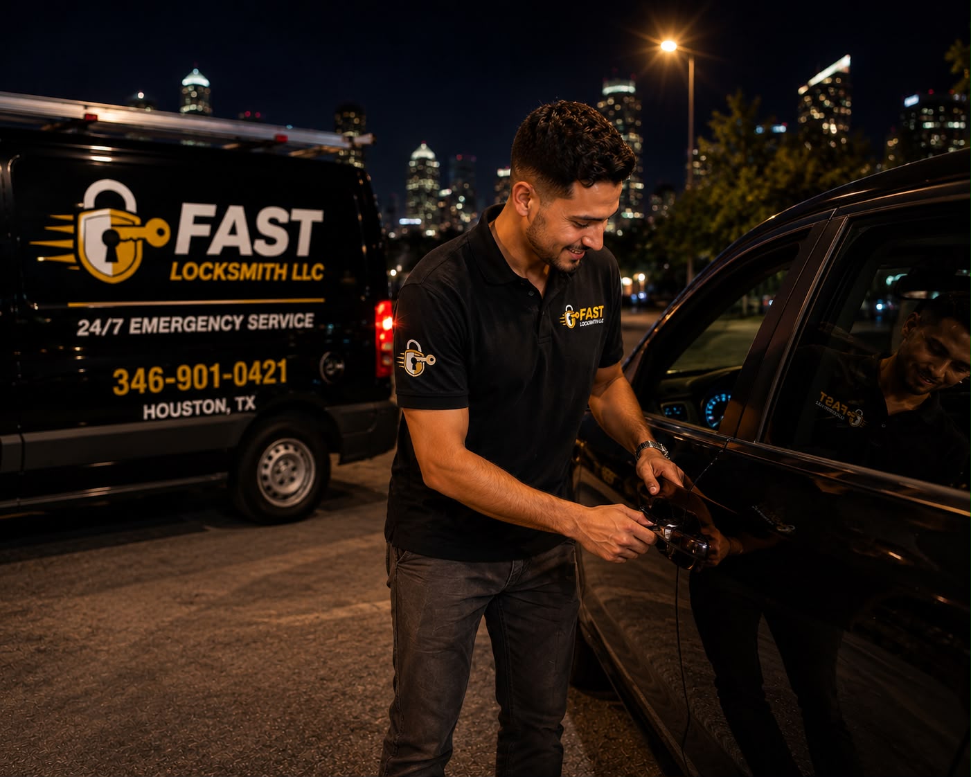 Fast Locksmith LLC technician unlocking car door in Houston