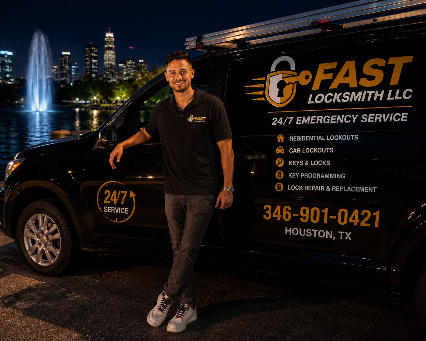 Fast Locksmith LLC technician standing beside branded van at Houston skyline