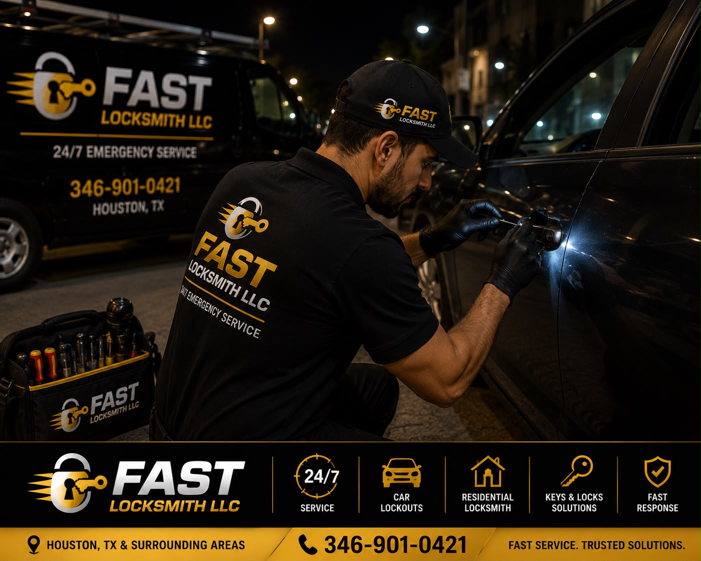 Fast Locksmith LLC technician unlocking car in Houston Texas at night — 24/7 emergency service