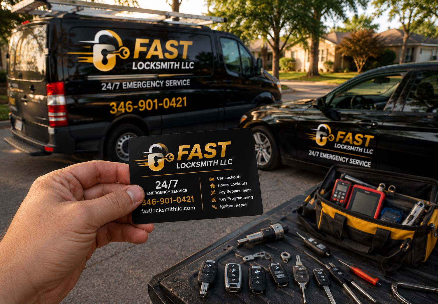 Fast Locksmith tools keys and business cards Houston TX