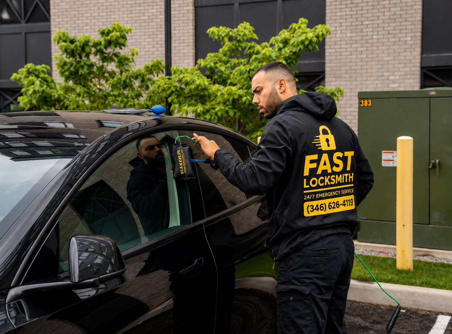 Fast Locksmith technician unlocking car with air wedge tools