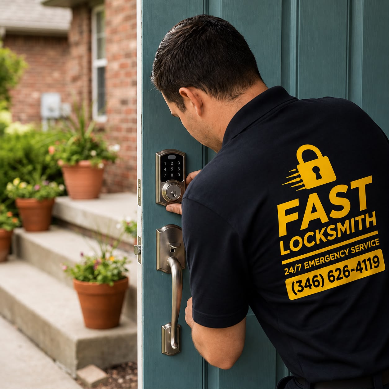 Fast Locksmith technician installing smart lock on residential door