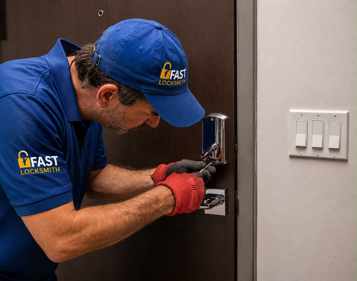 Fast Locksmith technician in blue uniform working on door lock